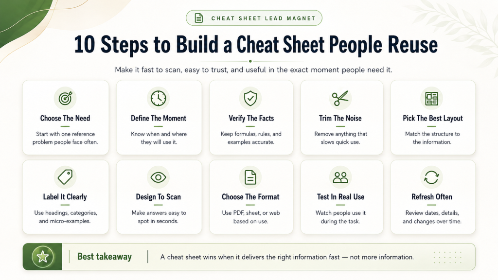 Infographic showing 10 steps to build a reusable cheat sheet lead magnet, including choosing the need, verifying facts, simplifying content, improving layout, testing usage, and updating it regularly.