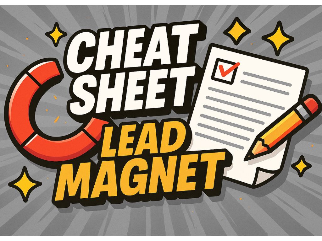 Cheat sheet lead magnet illustration with checklist, pencil, and red magnet on a gray burst background.