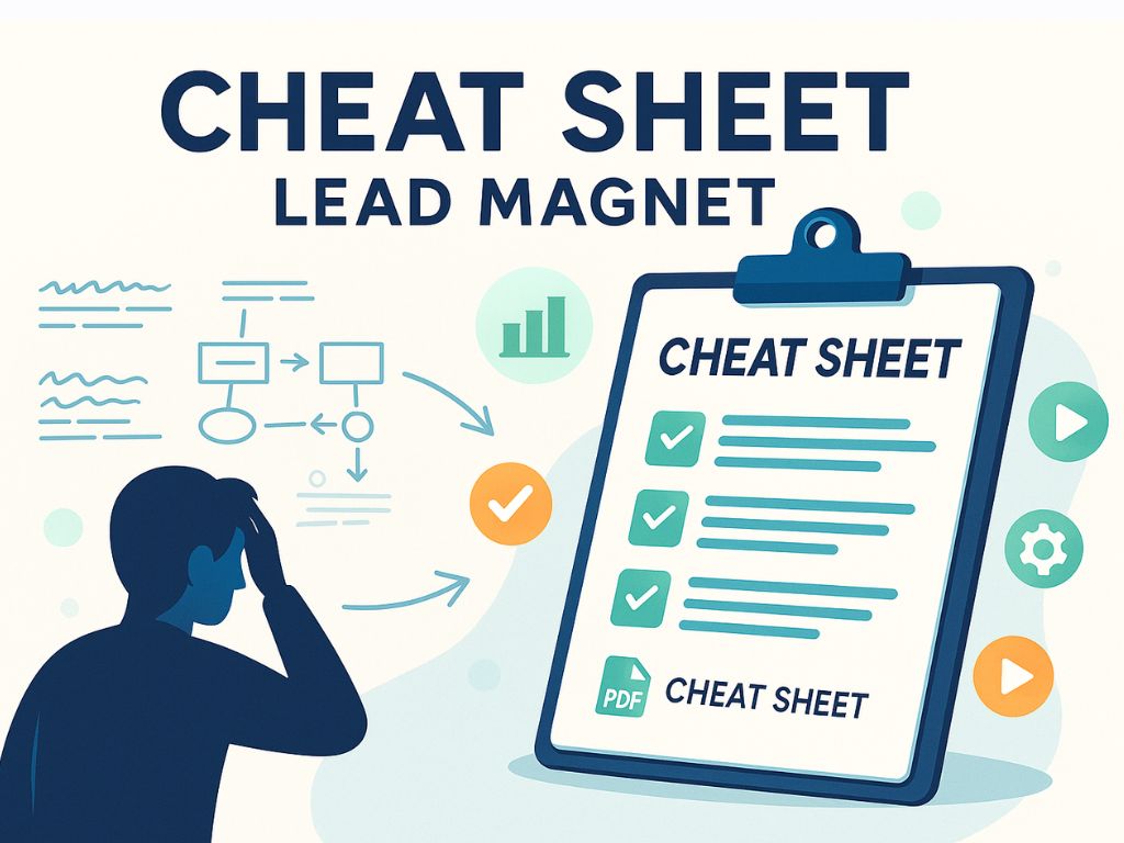 Illustration of a person looking at flowcharts beside a clipboard labeled cheat sheet, showing simplified steps and a downloadable PDF icon.