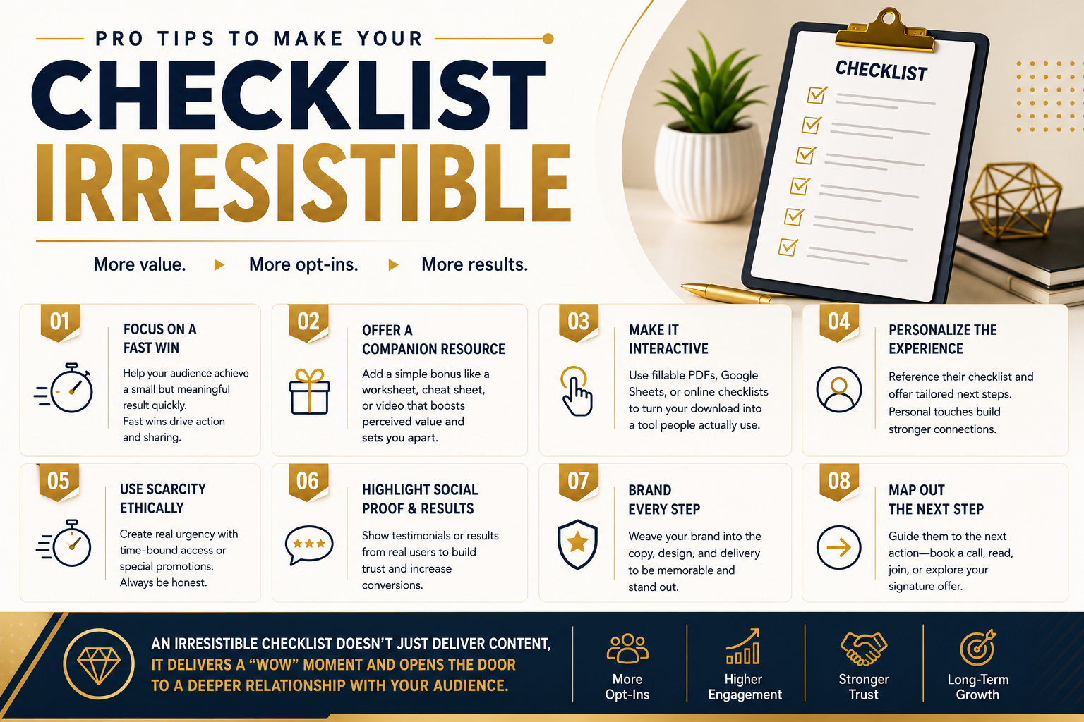 Infographic showing pro tips for making a checklist lead magnet more effective, including fast wins, bonus resources, interactivity, personalization, ethical scarcity, social proof, branding, and a clear next step.