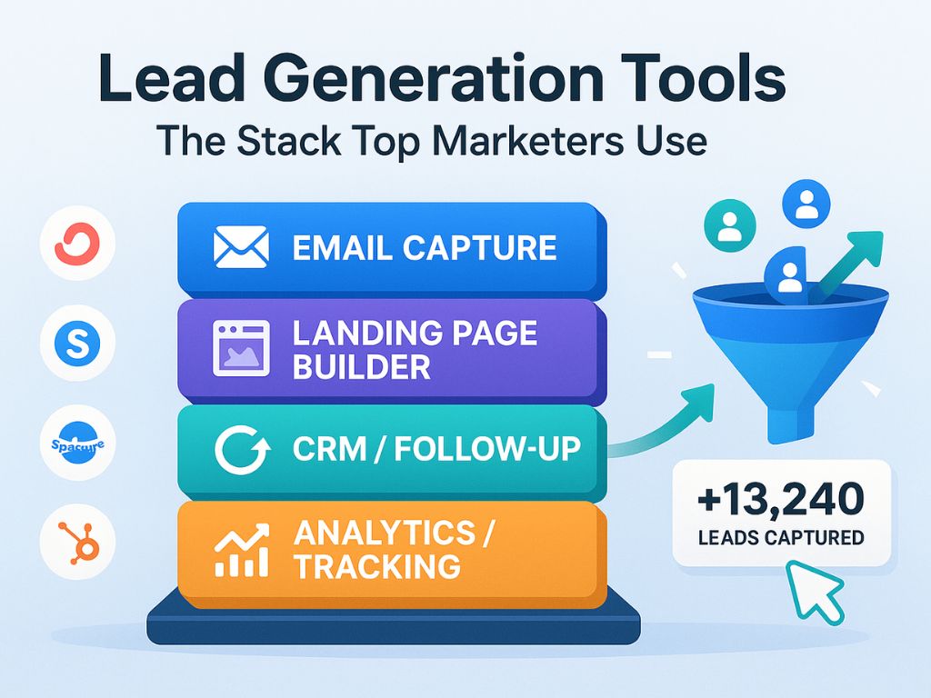 Infographic showing email capture, landing page builder, CRM, and analytics tools for lead generation, with funnel and lead count indicator.