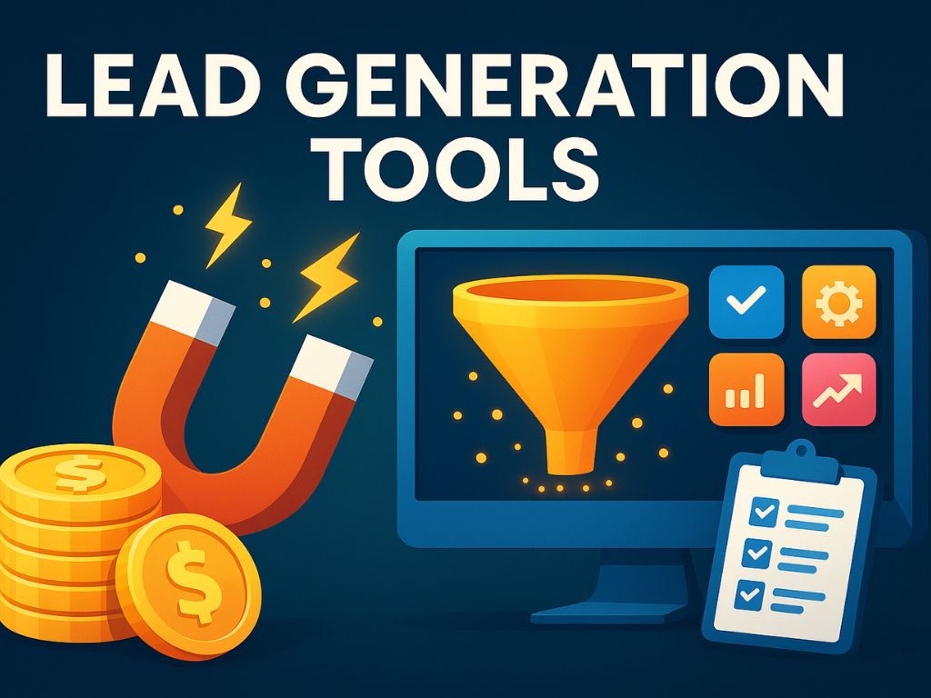 Illustration of lead generation tools with a funnel on a computer screen, checklist, magnet, and gold coins representing digital marketing and conversion strategies.