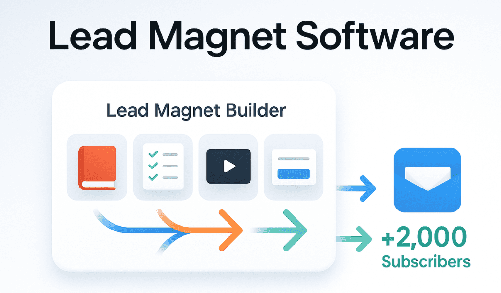 Lead Magnet Software interface with builder options and arrows driving 2,000 new email subscribers.