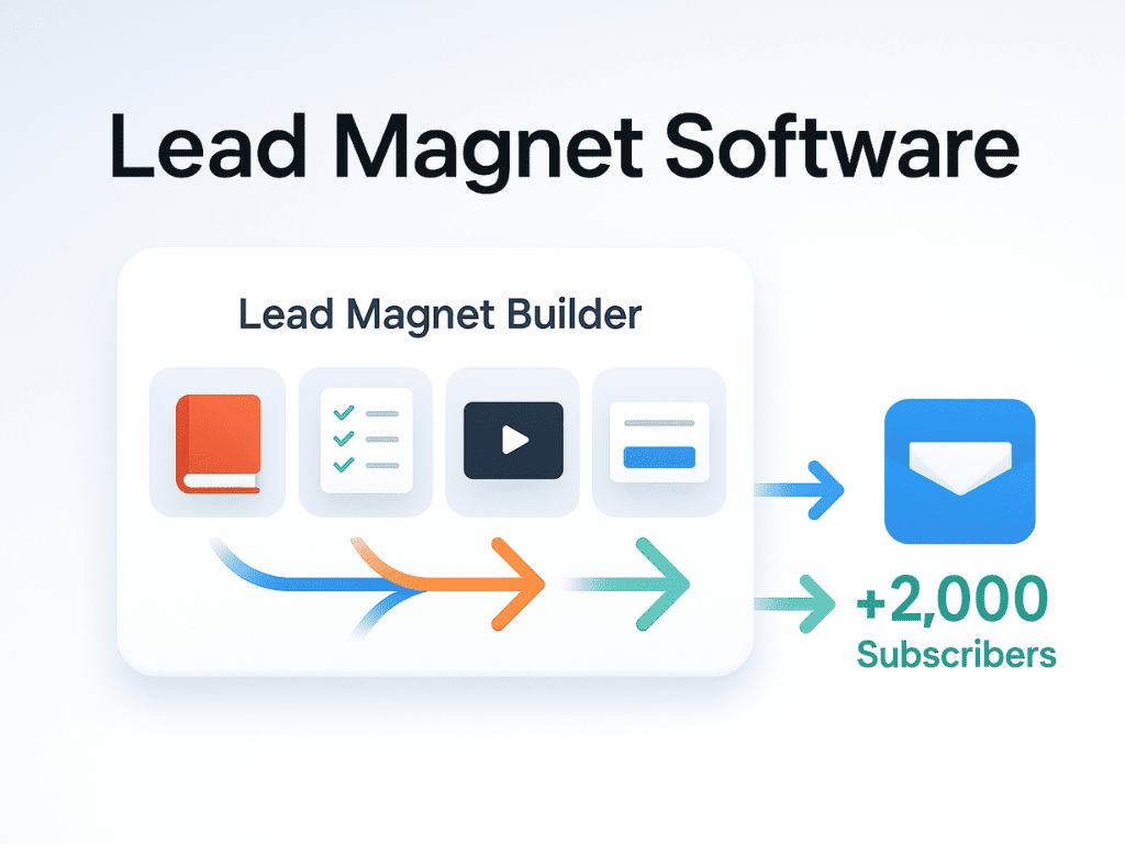 Lead Magnet Software interface with builder options and arrows driving 2,000 new email subscribers.