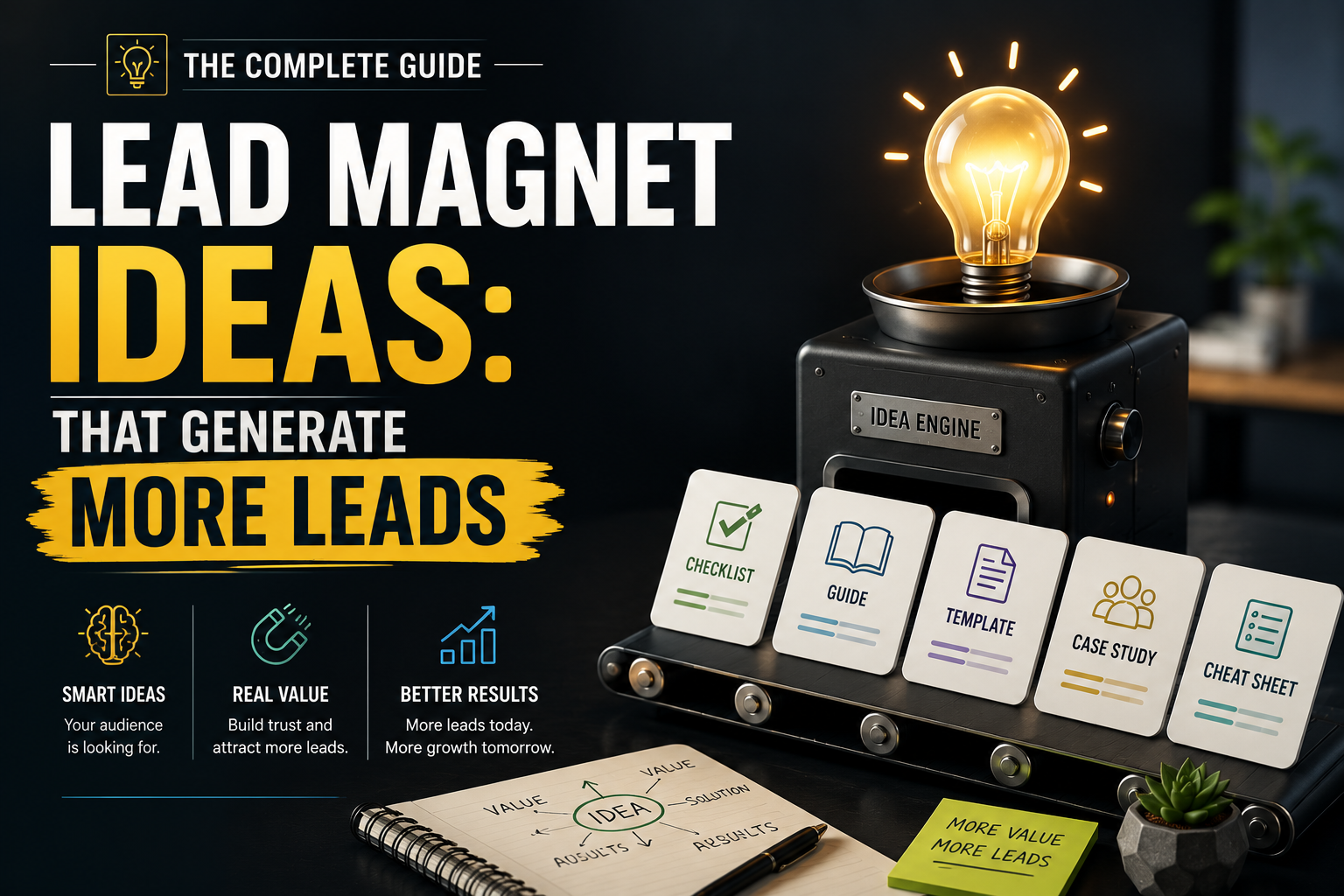 Graphic titled “Lead Magnet Ideas: That Generate More Leads” showing a glowing light bulb on an idea machine and cards for checklist, guide, template, case study, and cheat sheet, with supporting points about smart ideas, real value, and better results.