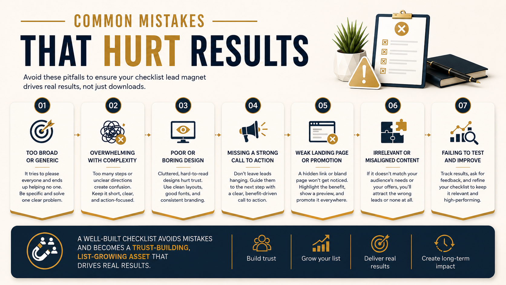 Infographic showing seven checklist lead magnet mistakes, including broad topics, complexity, poor design, weak calls to action, weak promotion, misaligned content, and lack of testing.