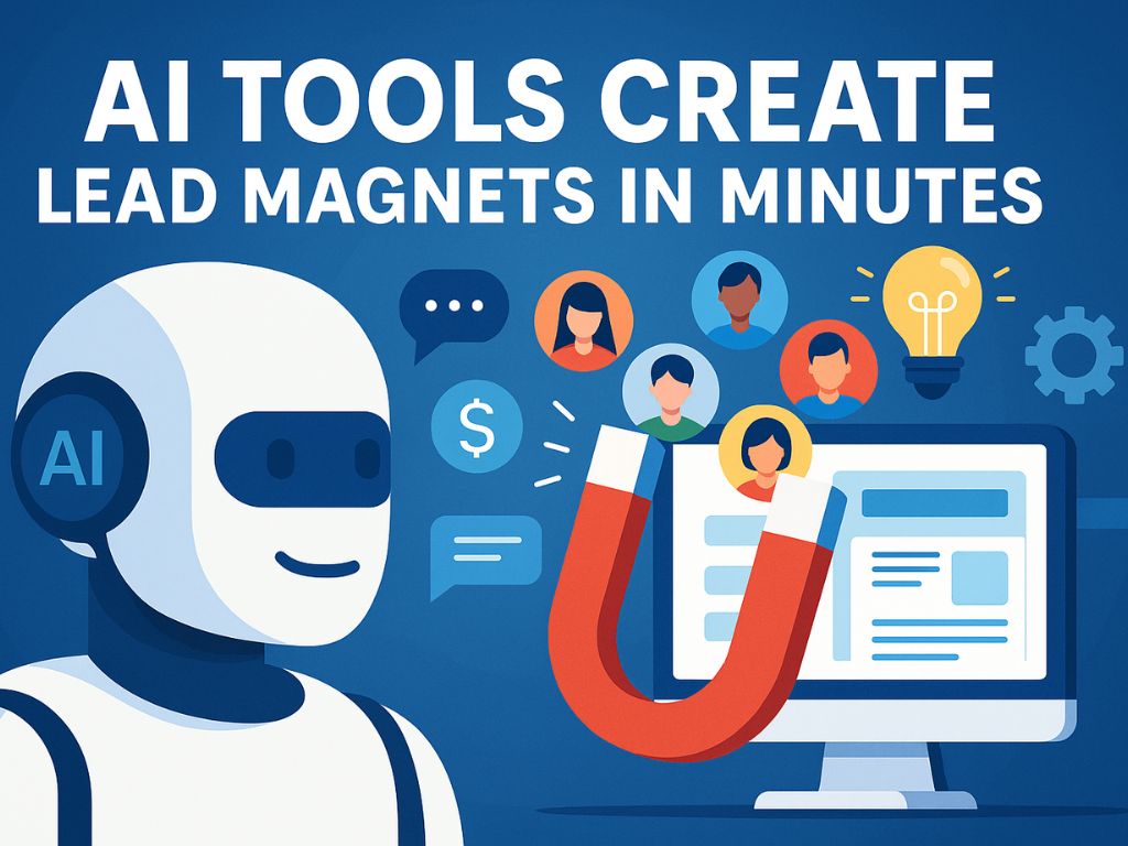 AI robot using digital tools to create lead magnets on a computer screen, attracting users and engagement icons with a red magnet.