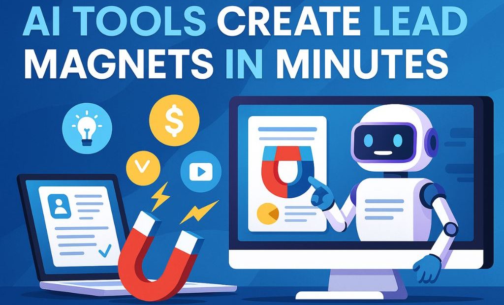 AI robot pointing at a computer screen with lead magnet visuals, surrounded by icons for money, video, and automation tools.