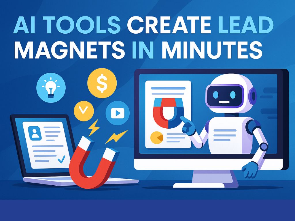AI robot pointing at a computer screen with lead magnet visuals, surrounded by icons for money, video, and automation tools.