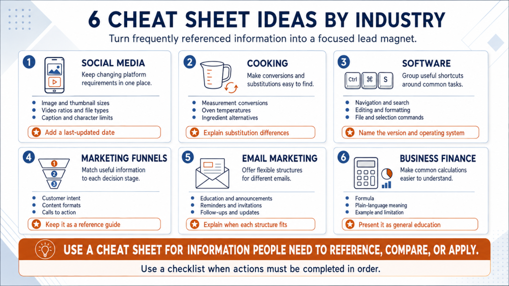 Infographic titled “6 Cheat Sheet Ideas by Industry” with six panels: social media, cooking, software, marketing funnels, email marketing, and business finance, plus a bottom takeaway explaining that cheat sheets work best for reference, comparison, or application, while checklists work best for step-by-step actions.