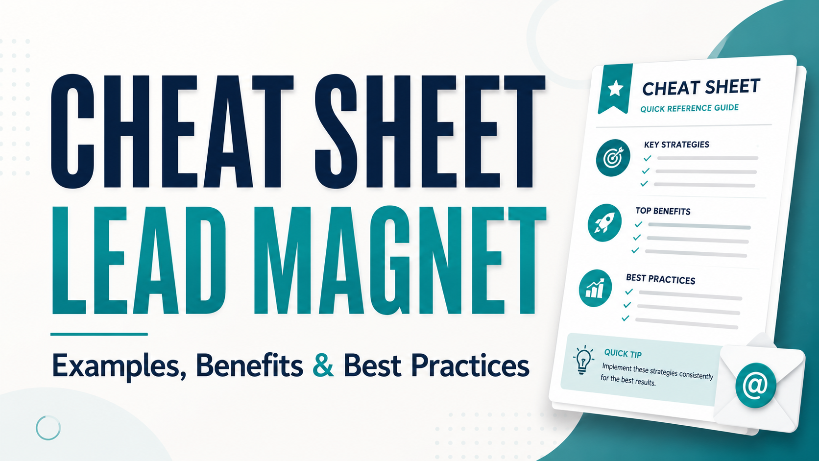 Hero image for a cheat sheet lead magnet article, showing a quick reference guide with sections for key strategies, top benefits, best practices, and a quick tip.