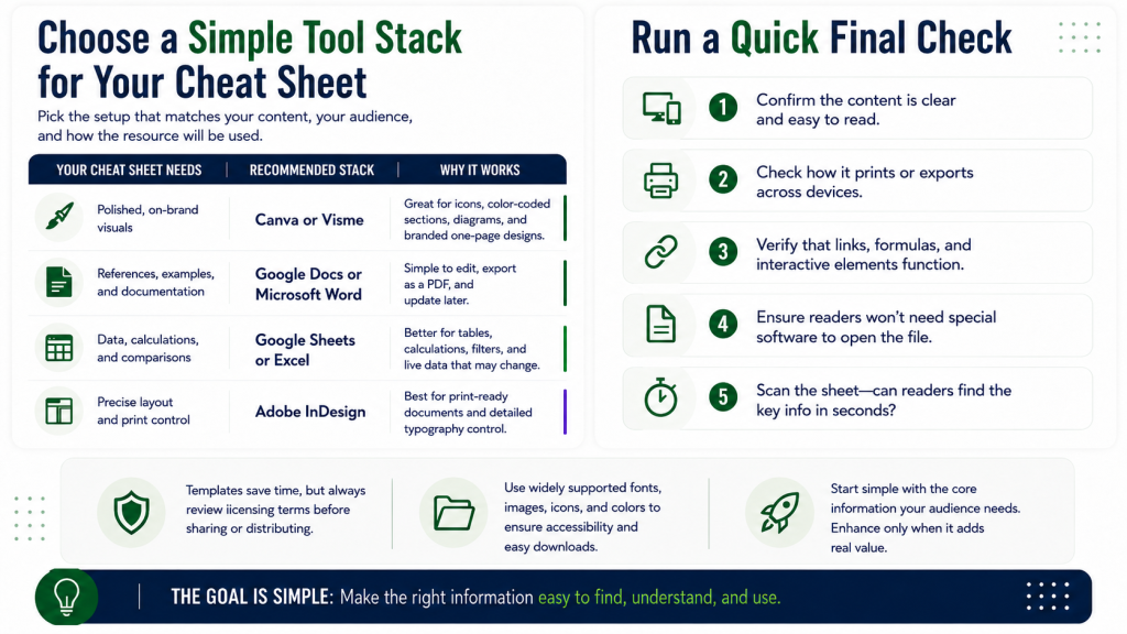 Infographic showing how to choose a tool stack for a cheat sheet, including Canva, Visme, Google Docs, Microsoft Word, Google Sheets, Excel, and Adobe InDesign, plus a final checklist for clarity, printing, links, accessibility, and usability.