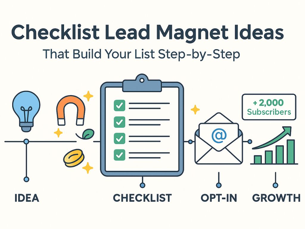 Infographic showing the process of using checklist lead magnets to grow an email list from idea to +2,000 subscribers.