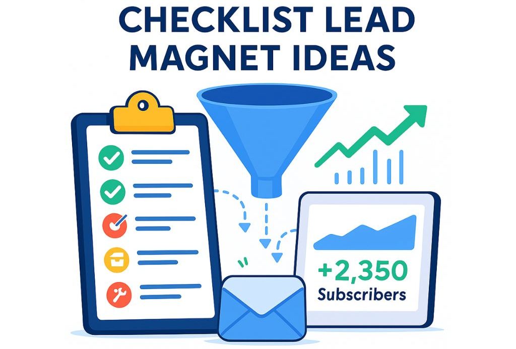 Checklist lead magnet illustration with subscriber growth, email icon, funnel, and conversion chart showing +2,350 new subscribers.