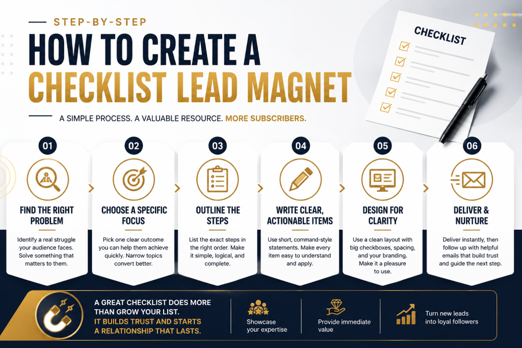 Infographic showing how to create a checklist lead magnet in six steps, from identifying a specific audience problem to outlining steps, writing clear checklist items, designing the resource, and following up with subscribers.