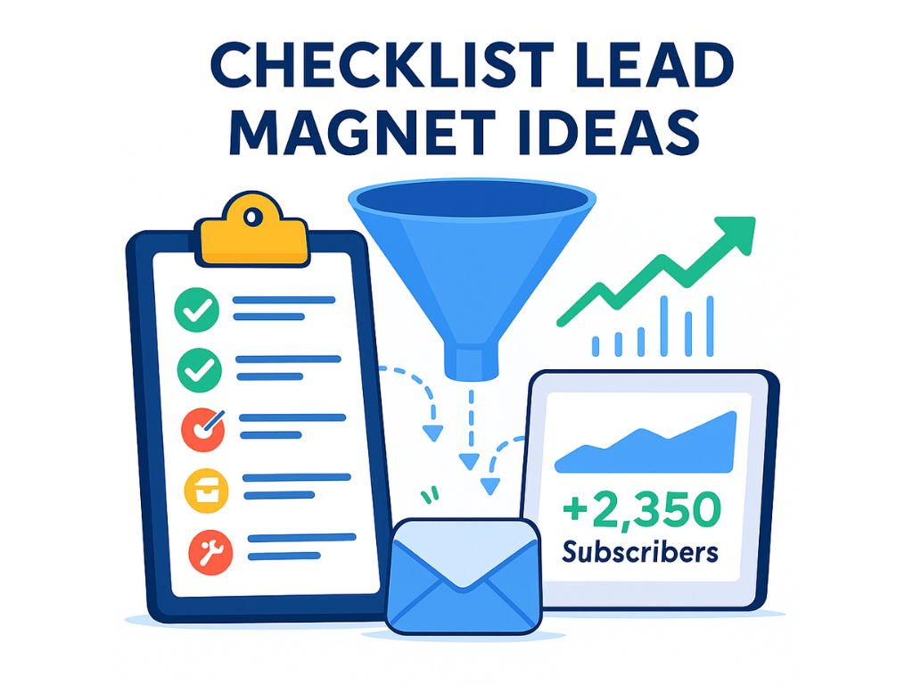 Checklist lead magnet illustration with subscriber growth, email icon, funnel, and conversion chart showing +2,350 new subscribers.