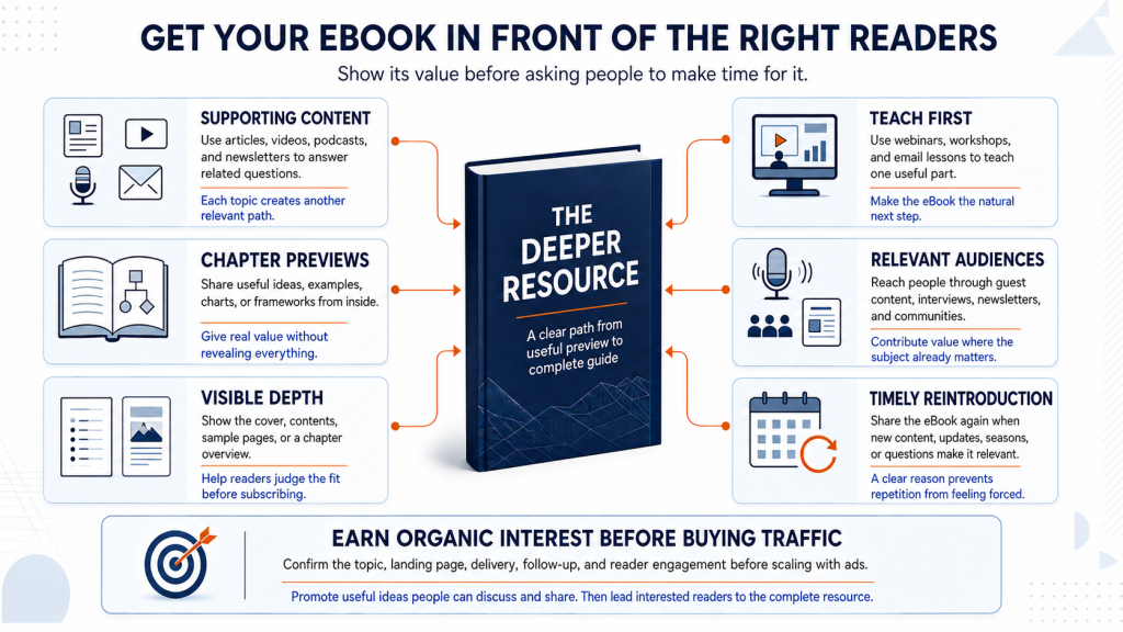 Infographic showing how to promote an eBook lead magnet to the right readers using supporting content, chapter previews, visible depth, teaching, relevant audiences, and timely reintroduction before using paid traffic.