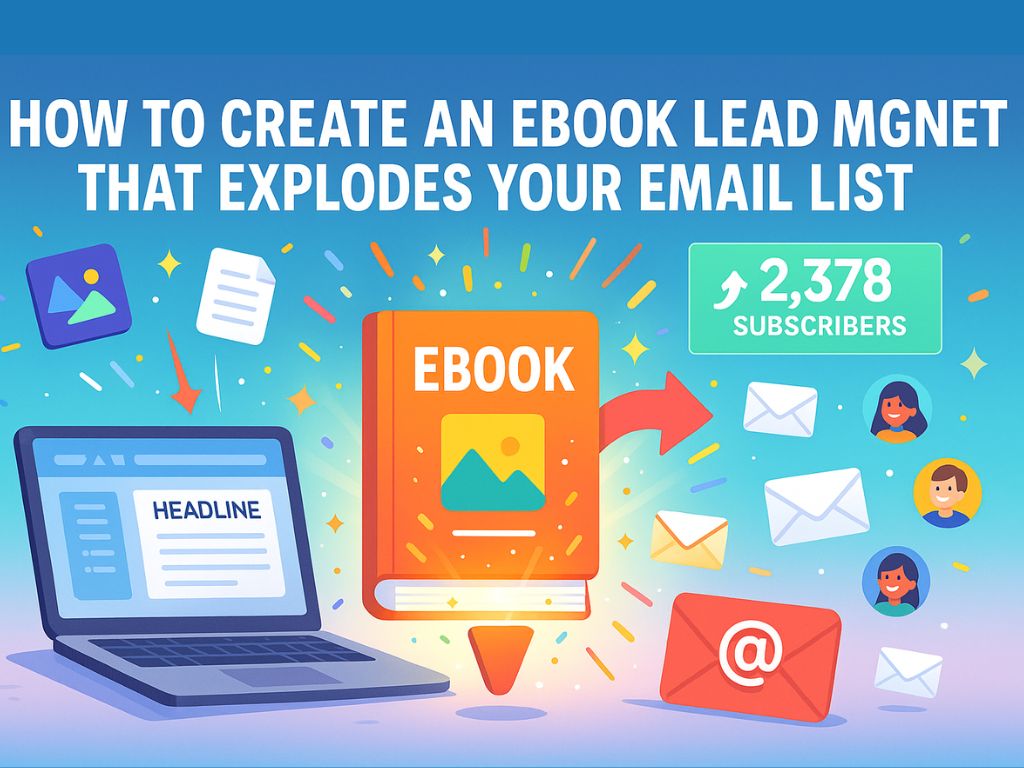 Illustration of an eBook being launched from a laptop, surrounded by emails, people icons, and a subscriber count showing 2,378 new signups.
