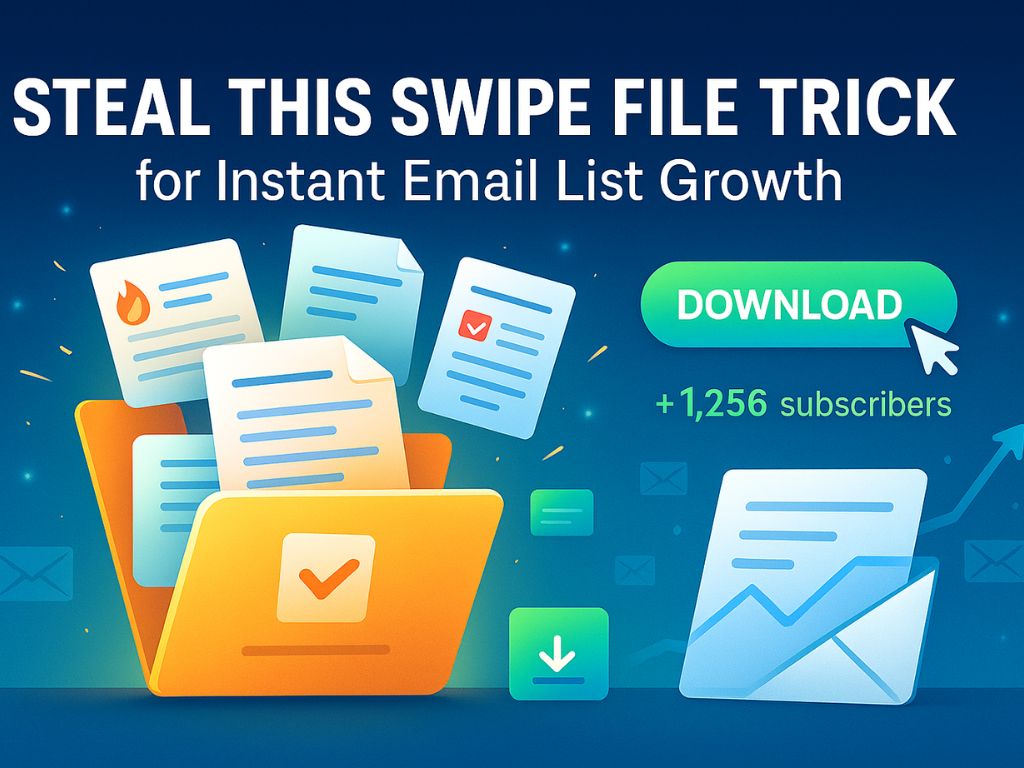 Swipe file download graphic for growing an email list, with documents, folder, download button, and subscriber count.