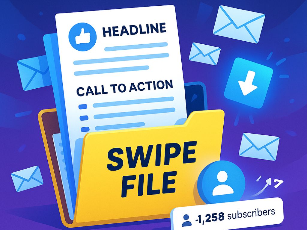 Illustrated swipe file folder with marketing templates and headline ideas, surrounded by email and download icons, promoting list-building.