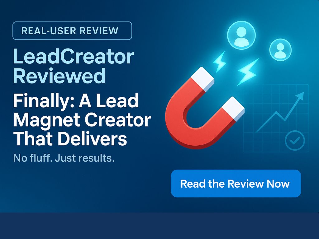 LeadCreator review graphic with magnet attracting users and a call-to-action button reading “Read the Review Now.”