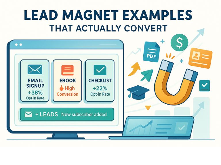 Infographic showing lead magnet examples that convert, including email signups, ebooks, and checklists, with a magnet attracting icons like PDF, money, and subscriber data.