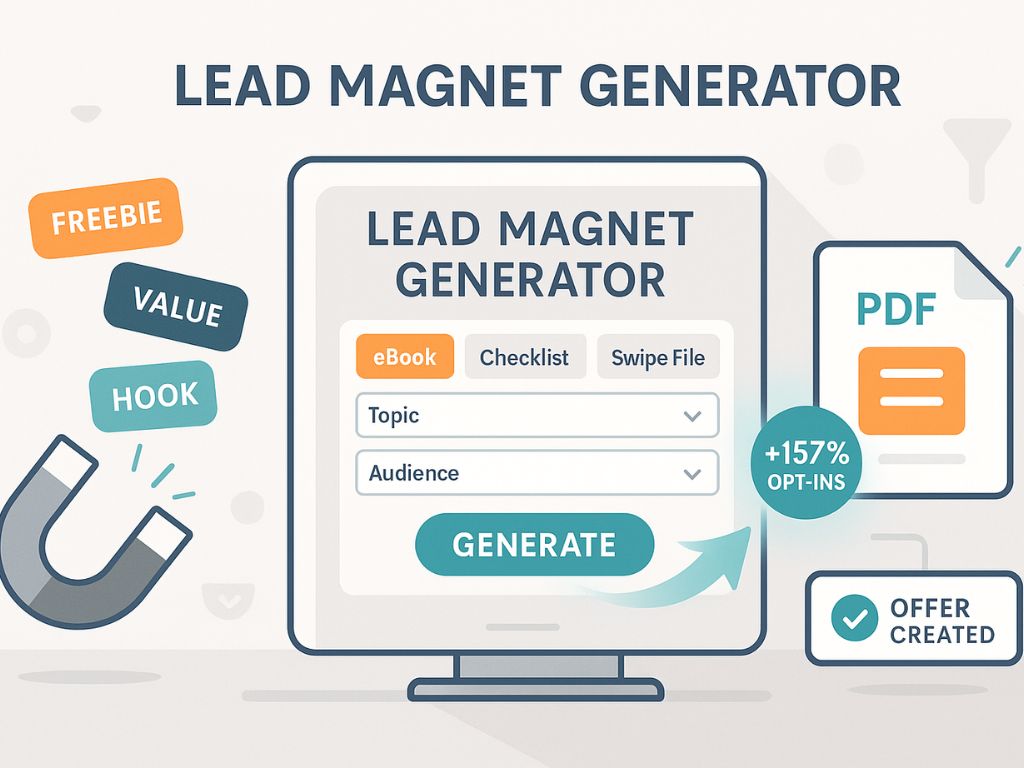 Illustration of a lead magnet generator tool showing options to create ebooks, checklists, and swipe files with enhanced opt-in rates.