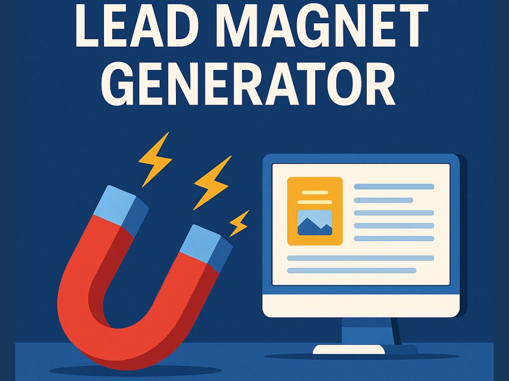 Illustration of a red magnet attracting a computer screen with digital content, symbolizing a lead magnet generator concept.