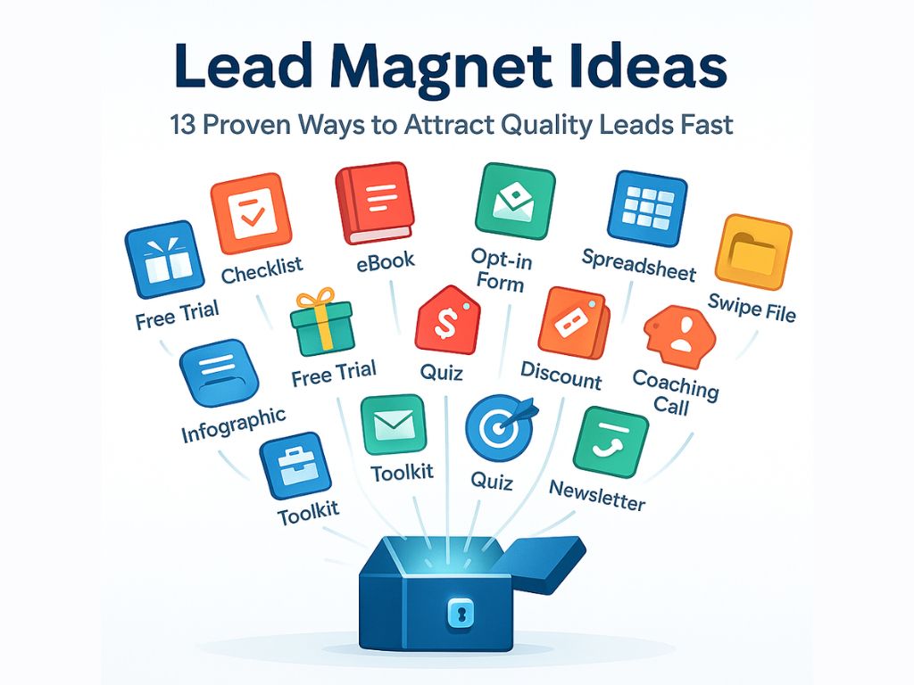 Infographic showing 13 lead magnet ideas including checklist, eBook, quiz, free trial, and coaching call, with icons bursting from a blue box.