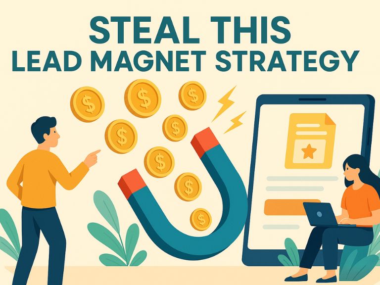 Illustration of a man and woman using a digital lead magnet strategy, with a large magnet pulling in gold coins and a mobile screen showing a form, under the headline “Steal This Lead Magnet Strategy.”