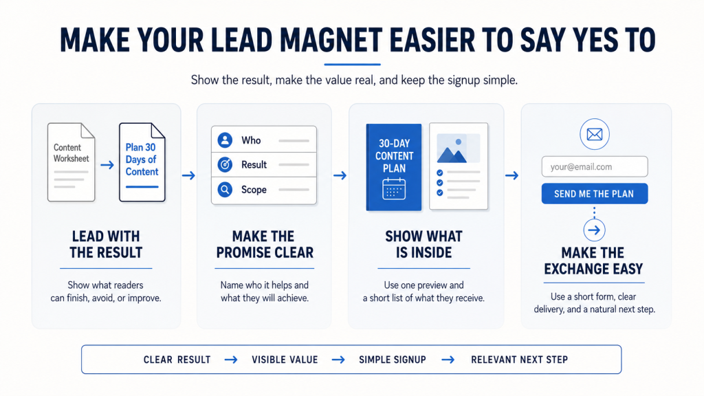 Infographic titled “Make Your Lead Magnet Easier to Say Yes To” showing four steps: lead with the result, make the promise clear, show what is inside, and make the exchange easy, with a bottom flow reading clear result, visible value, simple signup, and relevant next step.