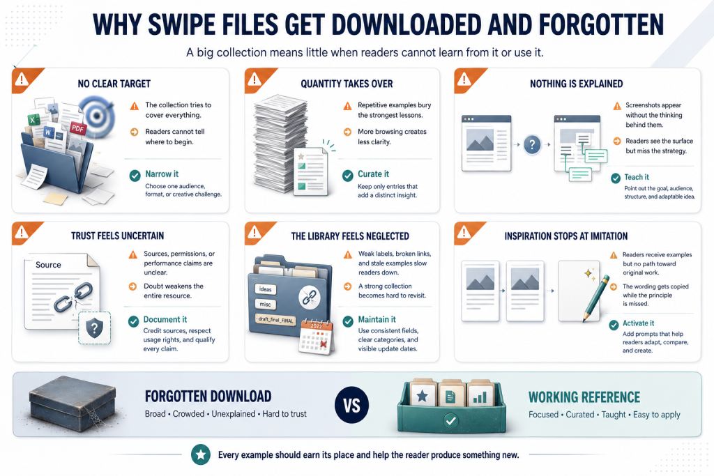 Infographic showing why swipe files get downloaded and forgotten, including unclear targets, too many examples, missing explanations, weak trust signals, poor organization, and lack of practical application.