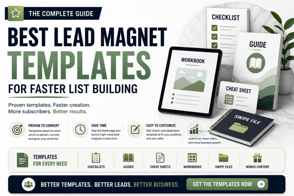 Hero image for best lead magnet templates, showing checklist, guide, workbook, cheat sheet, and swipe file templates, with a call to get templates for faster list building.