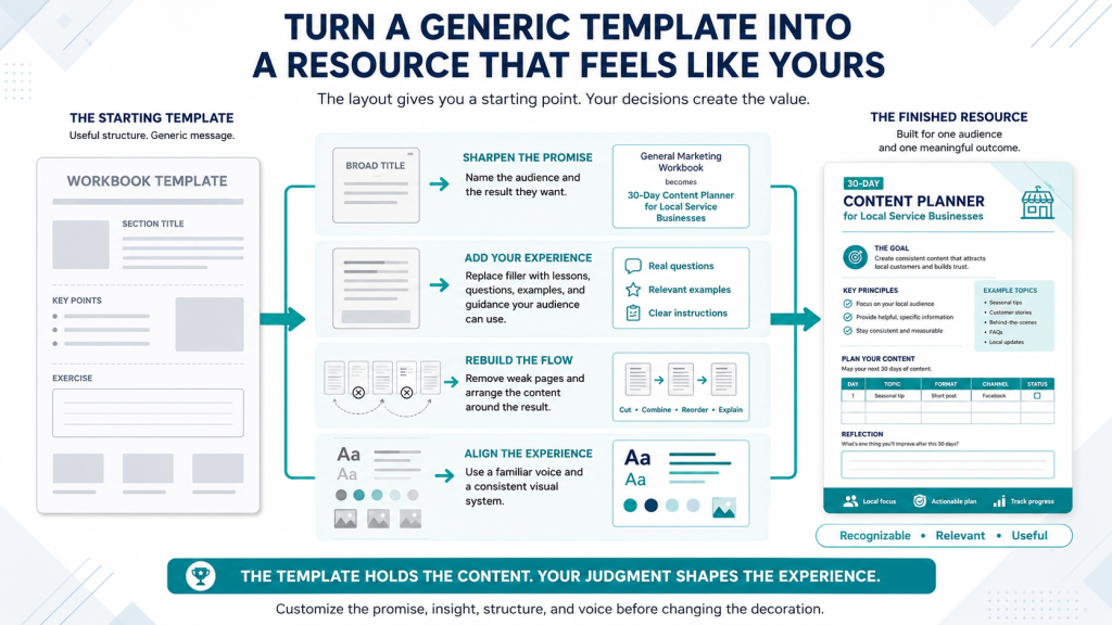 Infographic showing how to turn a generic workbook template into a customized lead magnet by improving the promise, adding experience, rebuilding the structure, aligning the design, and creating a finished resource for a specific audience.