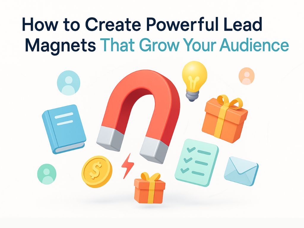 3D magnet attracting lead magnet icons like gifts, checklist, email, and coins for audience growth strategy.