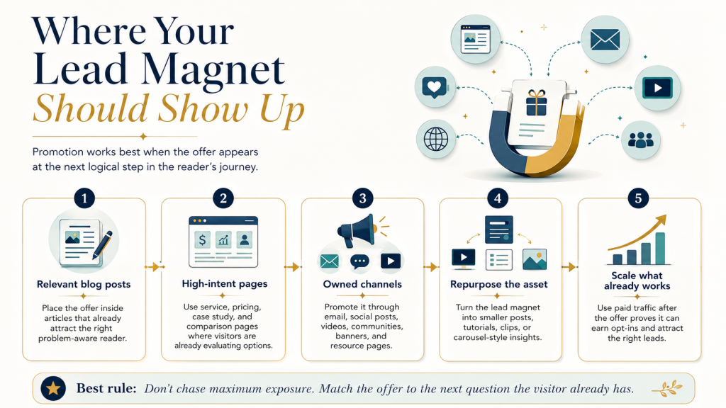 Infographic showing where to promote a lead magnet, including relevant blog posts, high-intent pages, owned channels, repurposed content, and paid traffic once the offer works.