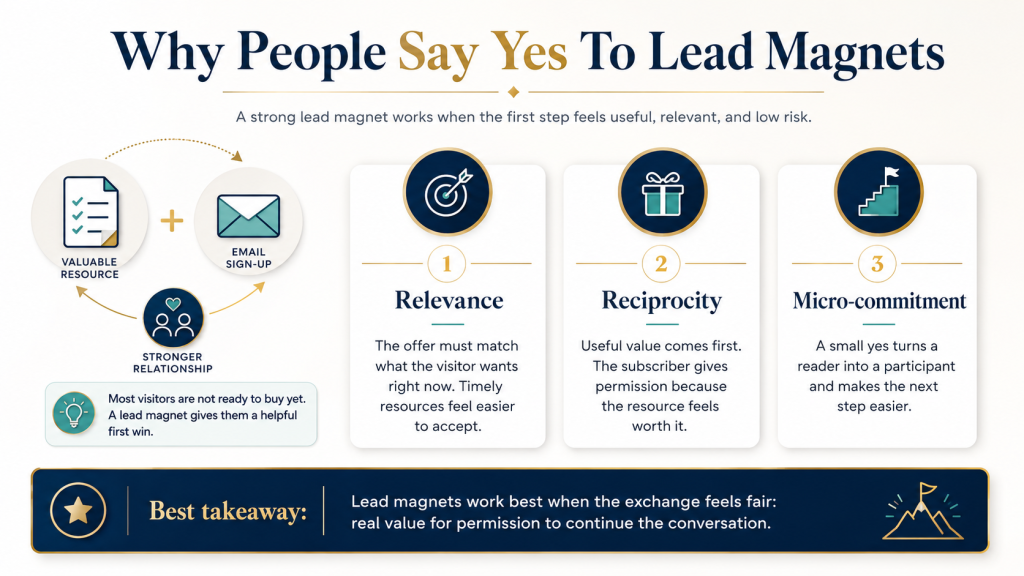 Infographic showing why people say yes to lead magnets, including relevance, reciprocity, micro commitment, a valuable resource, email sign up, and relationship building.