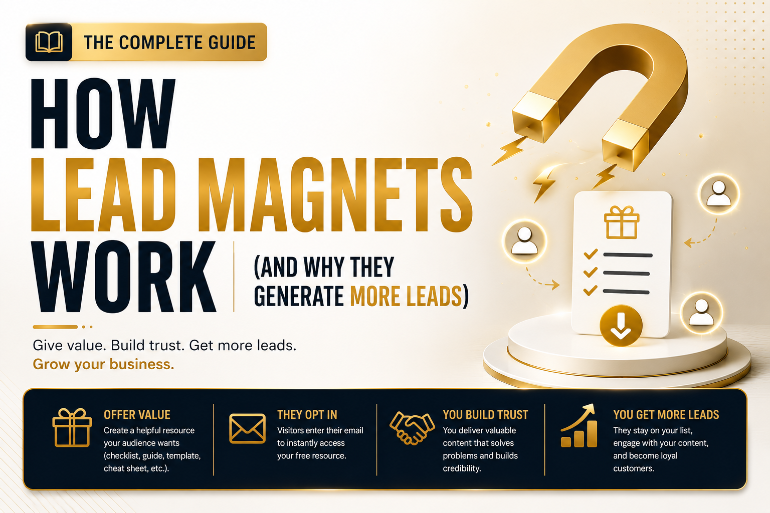 Hero image explaining how lead magnets work, showing a magnet attracting leads through a free resource, with steps for offering value, collecting email opt-ins, building trust, and generating more leads.
