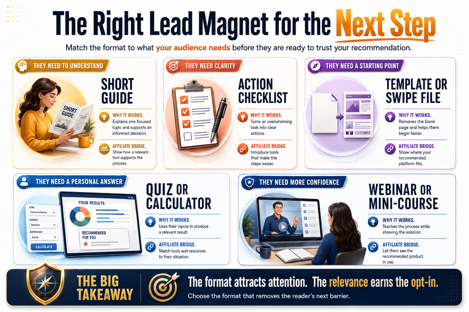 Infographic showing how to choose the right lead magnet for affiliate marketing, including short guides, checklists, templates, swipe files, quizzes, calculators, webinars, and mini-courses based on the audience’s next step.