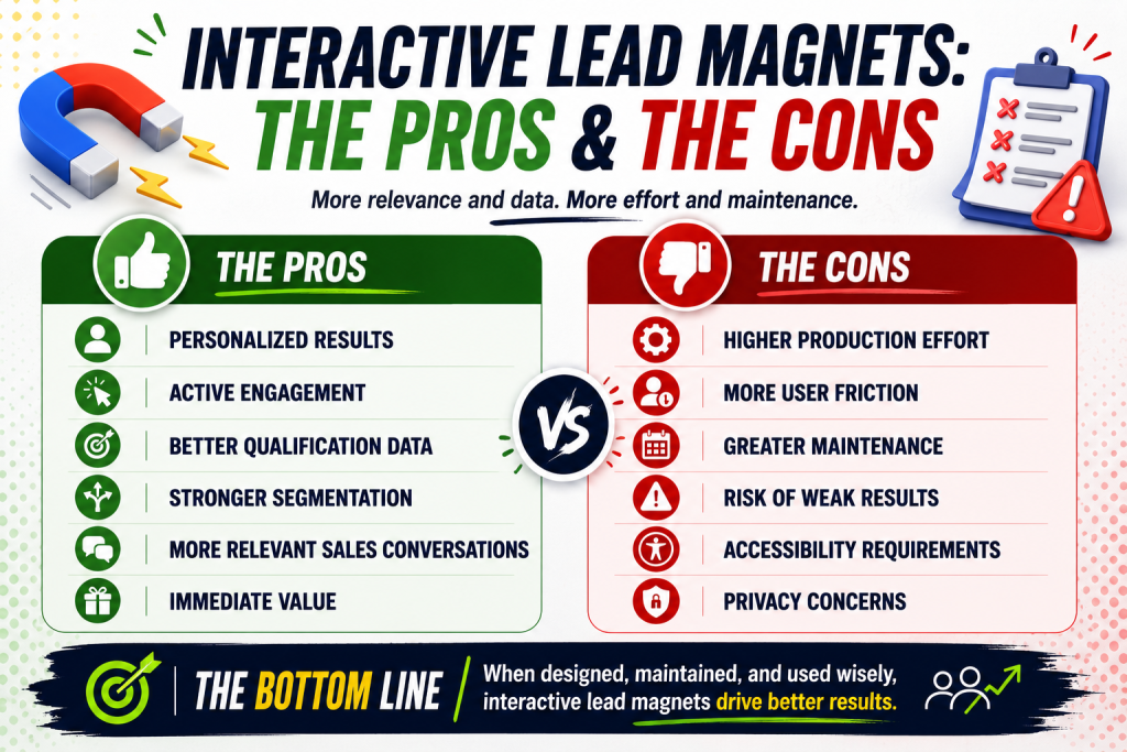 Infographic comparing the pros and cons of interactive lead magnets, including personalization, engagement, lead qualification, segmentation, production effort, maintenance, accessibility, and privacy.