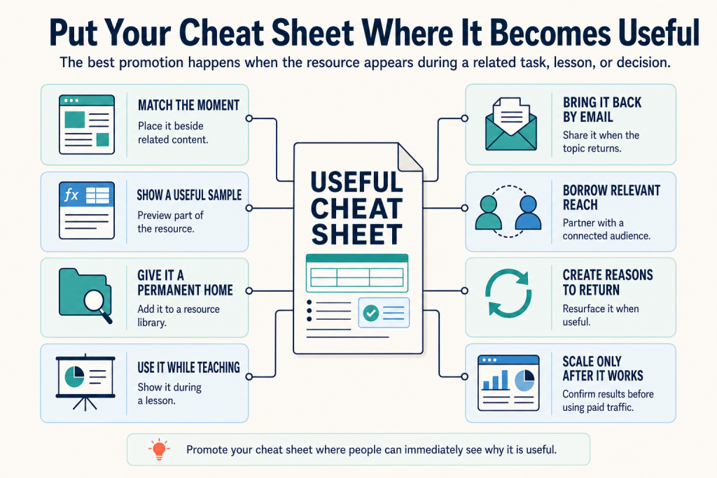 Infographic showing where to promote a cheat sheet lead magnet, including related content, useful samples, resource libraries, lessons, email, partnerships, return visits, and paid traffic after results are confirmed.