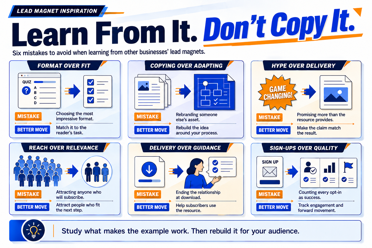Infographic showing six lead magnet inspiration mistakes, including format over fit, copying over adapting, hype over delivery, reach over relevance, delivery without guidance, and sign-ups over lead quality.