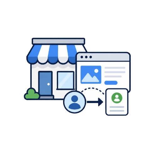 Small business lead generation icon showing a storefront, website page, visitor profile, and contact record.