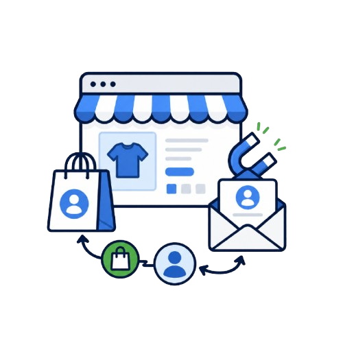 Online store lead generation icon showing an ecommerce storefront, shopping bag, customer profiles, email, and magnet.