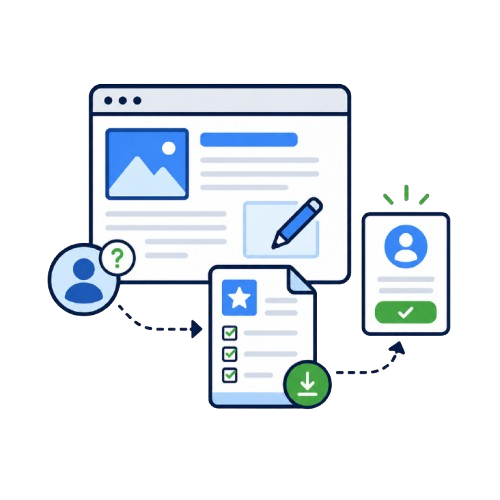 Personal blog lead generation icon showing a blog page, downloadable checklist, reader profile, and new subscriber record.