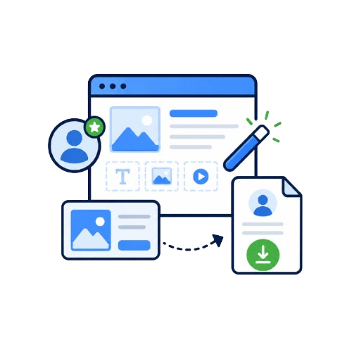 Content creator lead generation icon showing a content page, audience profile, editing tool, content card, and downloadable resource.