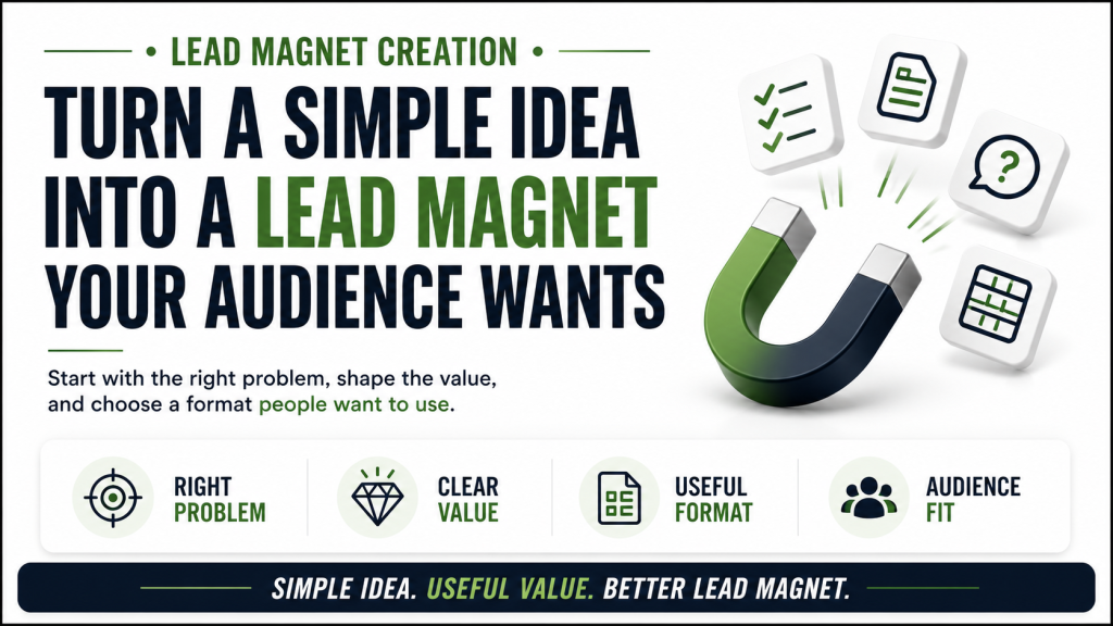 Hero image titled “Turn a Simple Idea Into a Lead Magnet Your Audience Wants” showing a magnet pulling lead magnet icons, with key points for right problem, clear value, useful format, and audience fit.
